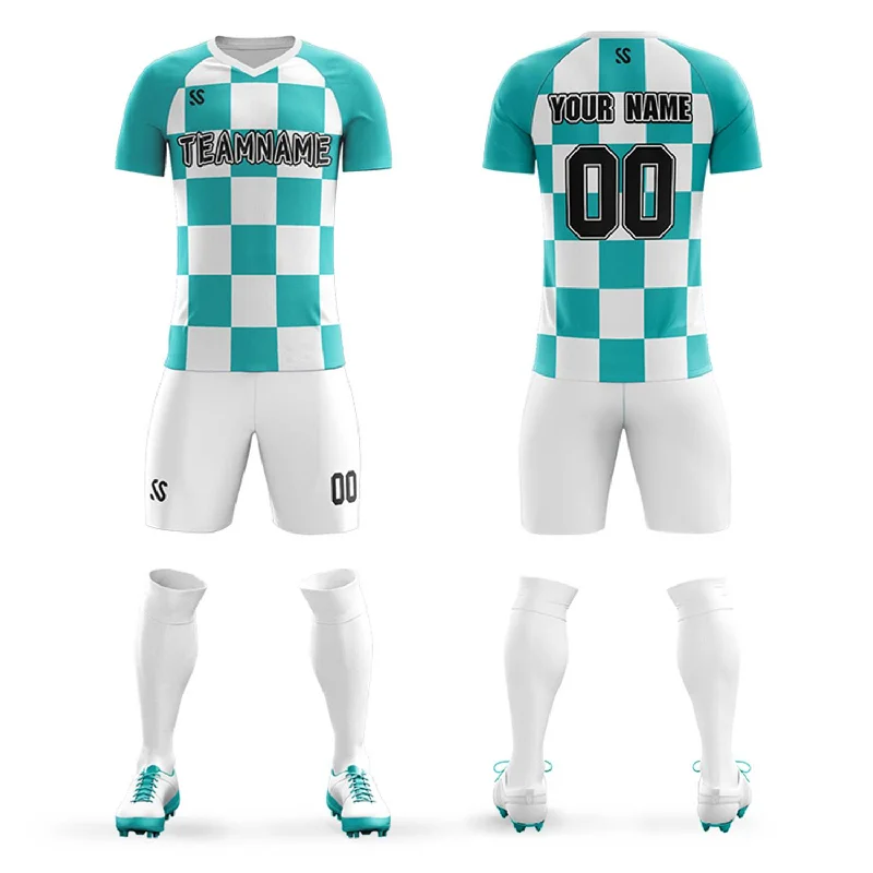 Football Jersey With All-Day Wearability-Custom Aqua Black Outdoor Soccer Sets Jersey