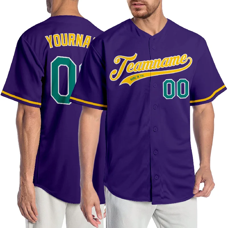 Baseball Jersey With Reflective Material-Custom Purple Aqua-Gold Authentic Baseball Jersey