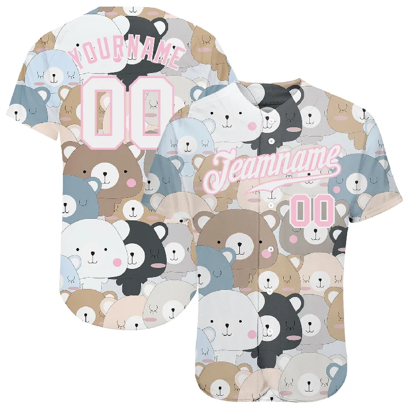 Custom Baseball Jersey-Custom White White-Light Pink 3D Pattern Design Teddy Bears Authentic Baseball Jersey