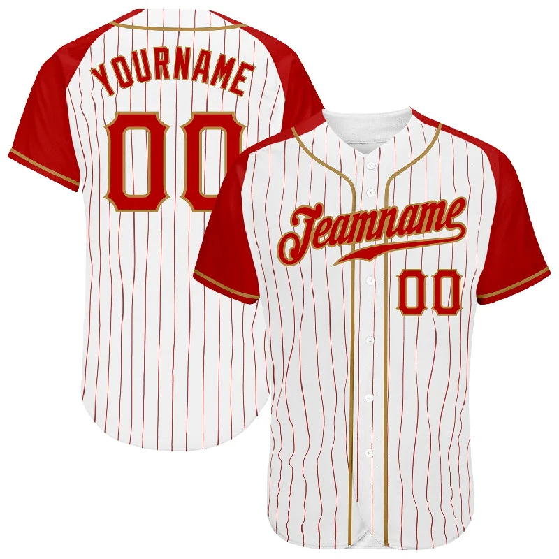 Practice Baseball Jersey-Custom White Red Pinstripe Red-Old Gold Authentic Raglan Sleeves Baseball Jersey