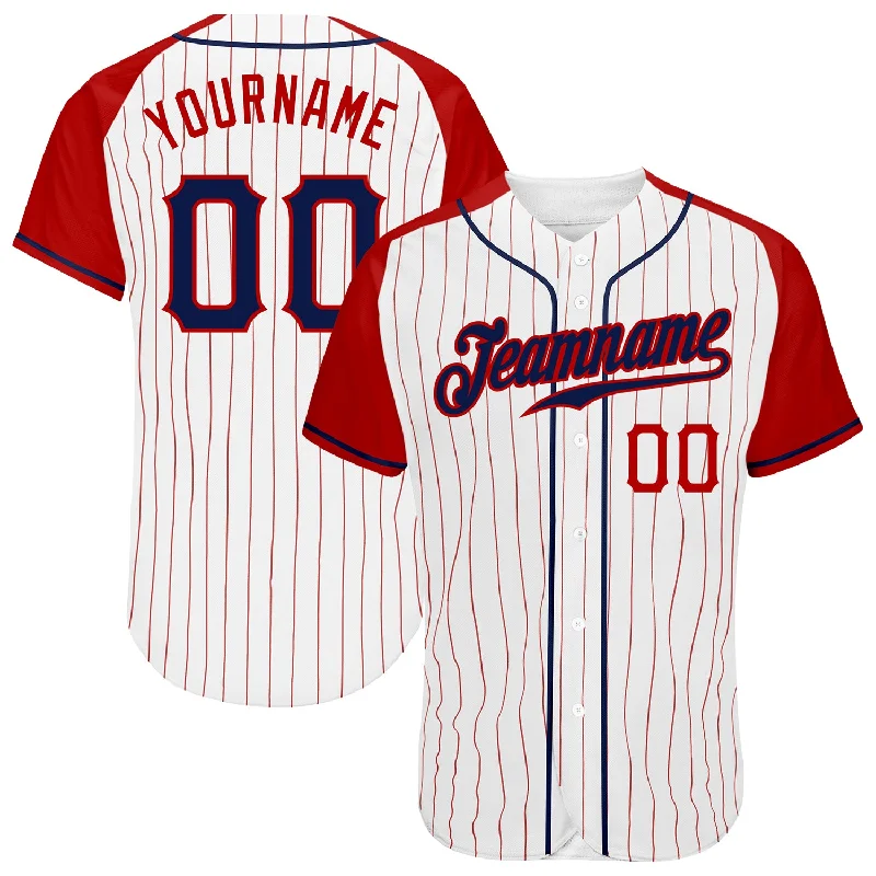 Game Day Baseball Jersey-Custom White Red Pinstripe Navy-Red Authentic Raglan Sleeves Baseball Jersey