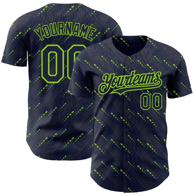 Away Baseball Jersey-Custom Navy Neon Green 3D Pattern Design Slant Lines Authentic Baseball Jersey