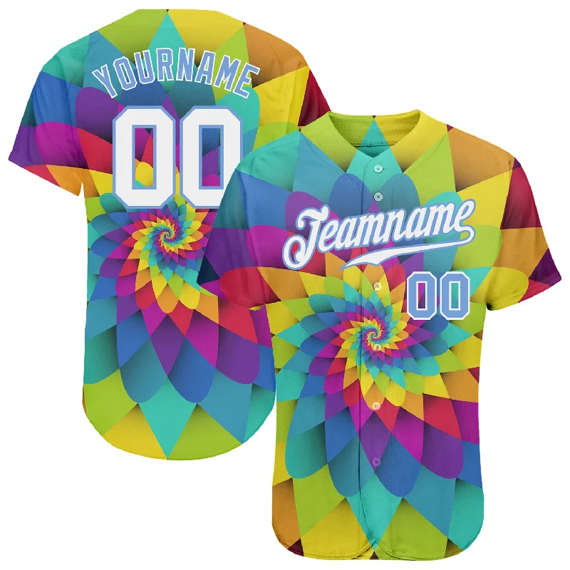 Baseball Jersey With Sporty Vibes-Custom Purple White-Light Blue 3D Pattern Design Rainbow Spiral Authentic Baseball Jersey