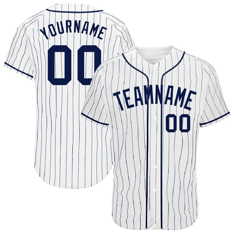 Baseball Jersey With Team Mascot-Custom White Navy Pinstripe Navy Authentic Baseball Jersey