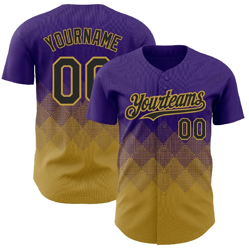 Baseball Jersey With Designer Label-Custom Purple Black-Old Gold 3D Pattern Design Gradient Square Shapes Authentic Baseball Jersey