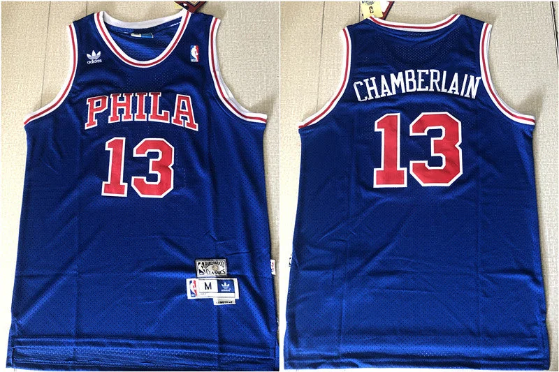 Team Basketball Jersey-76ers 13 Wilt Chamberlain Blue Hardwood Classics Mesh Basketball Jersey