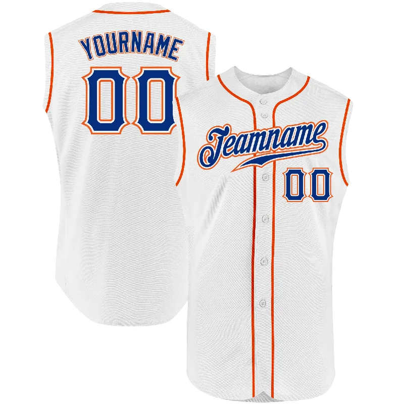 Baseball Jersey With Designer Label-Custom White Royal-Orange Authentic Sleeveless Baseball Jersey