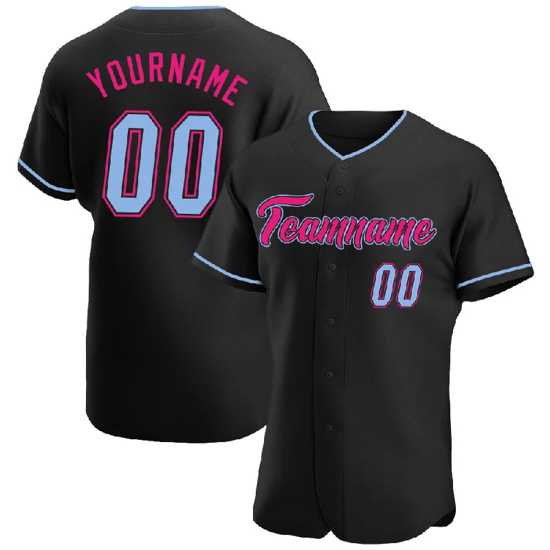 Baseball Jersey With Distressed Fabric-Custom Black Light Blue-Hot Pink Authentic Baseball Jersey