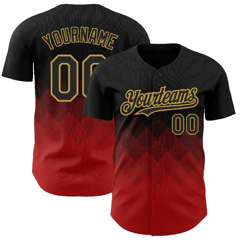 Long Sleeve Baseball Jersey-Custom Black Red-Old Gold 3D Pattern Design Gradient Square Shapes Authentic Baseball Jersey