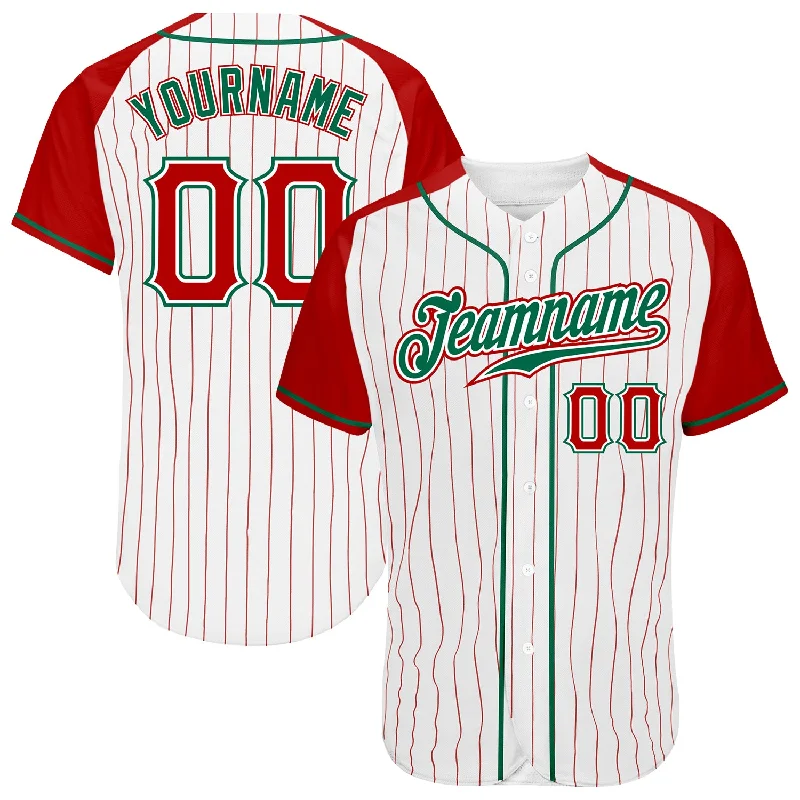 Performance Baseball Jersey-Custom White Red Pinstripe Red-Kelly Green Authentic Raglan Sleeves Baseball Jersey