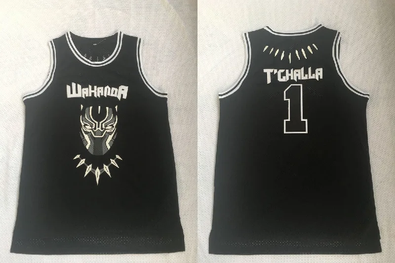 Basketball Jersey With Cartoon Characters-Black Panther Wakanda 1 T'Challa Black Stitched Movie Basketball Basketball Jersey