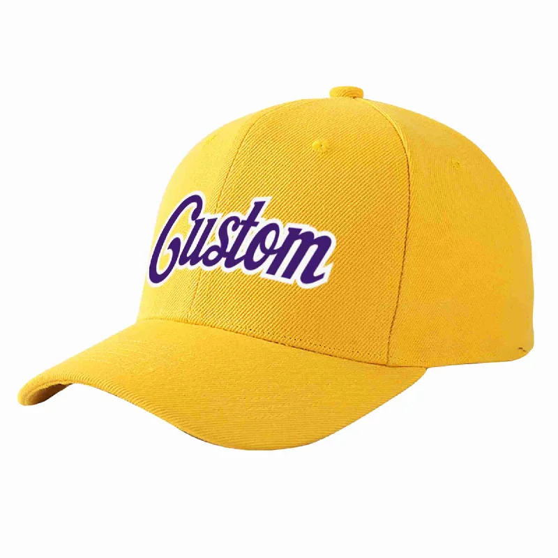 Running Baseball Cap-Custom Gold Purple-White Curved Eaves Sport Baseball Cap Design for Men/Women/Youth