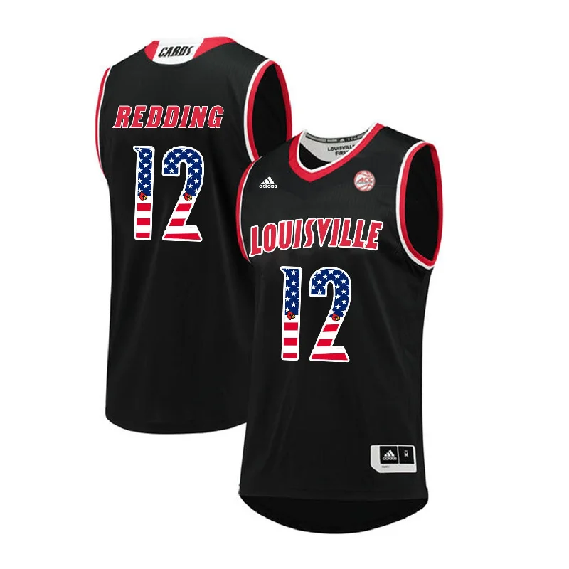 Basketball Jersey With Gothic Look-Louisville Cardinals 12 Jacob Redding Black USA Flag College Basketball Basketball Jersey