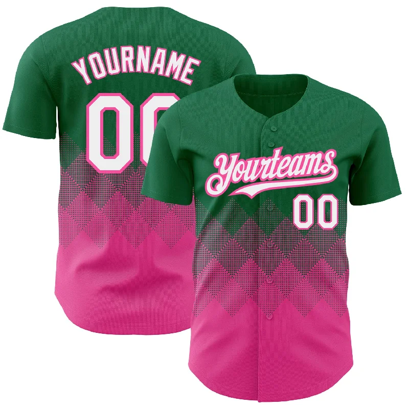 Baseball Jersey With Athletic Cut-Custom Kelly Green White-Pink 3D Pattern Design Gradient Square Shapes Authentic Baseball Jersey