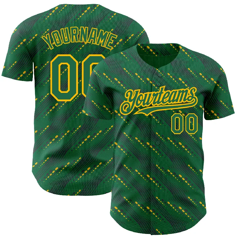 Breathable Baseball Jersey-Custom Kelly Green-Gold 3D Pattern Design Slant Lines Authentic Baseball Jersey