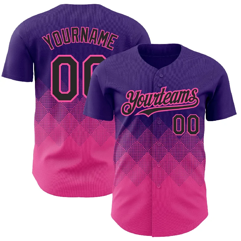 Baseball Jersey With High-End Appeal-Custom Purple Black-Pink 3D Pattern Design Gradient Square Shapes Authentic Baseball Jersey