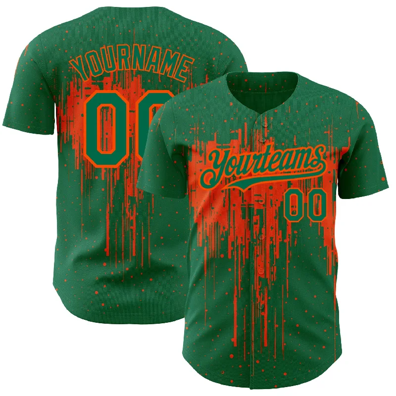 Baseball Jersey For Collectors-Custom Kelly Green Orange 3D Pattern Design Dripping Splatter Art Authentic Baseball Jersey