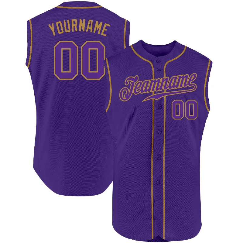 Baseball Jersey With Thumb Holes-Custom Purple Purple-Old Gold Authentic Sleeveless Baseball Jersey