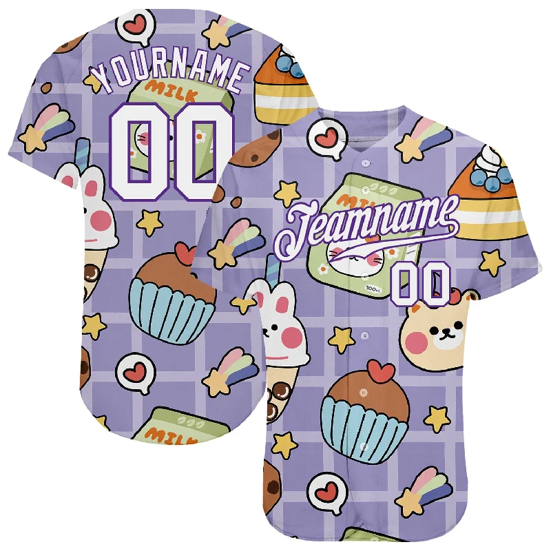 Baseball Jersey With Stylish Edge-Custom Purple White-Purple 3D Pattern Design Sticker Cartoons Authentic Baseball Jersey