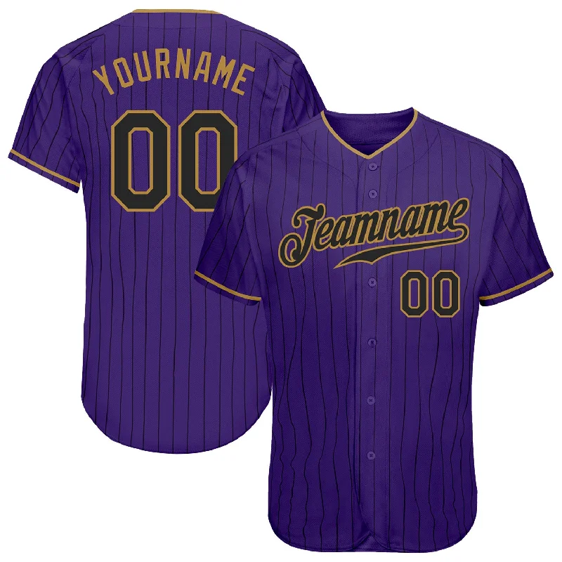 Baseball Jersey For Collectors-Custom Purple Black Pinstripe Black-Old Gold Authentic Baseball Jersey