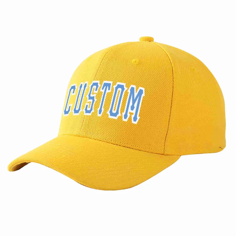 Wrestling Baseball Cap-Custom Gold Light Blue-White Curved Eaves Sport Baseball Cap Design for Men/Women/Youth