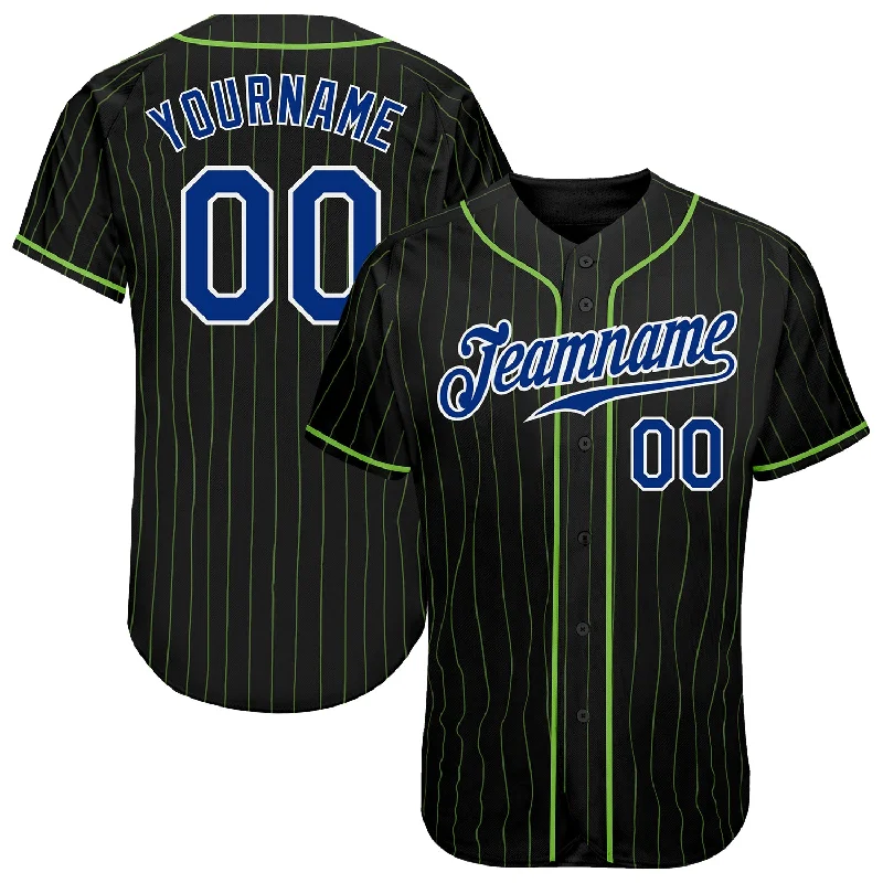 Baseball Jersey With Metallic Shine-Custom Black Neon Green Pinstripe Royal-White Authentic Baseball Jersey