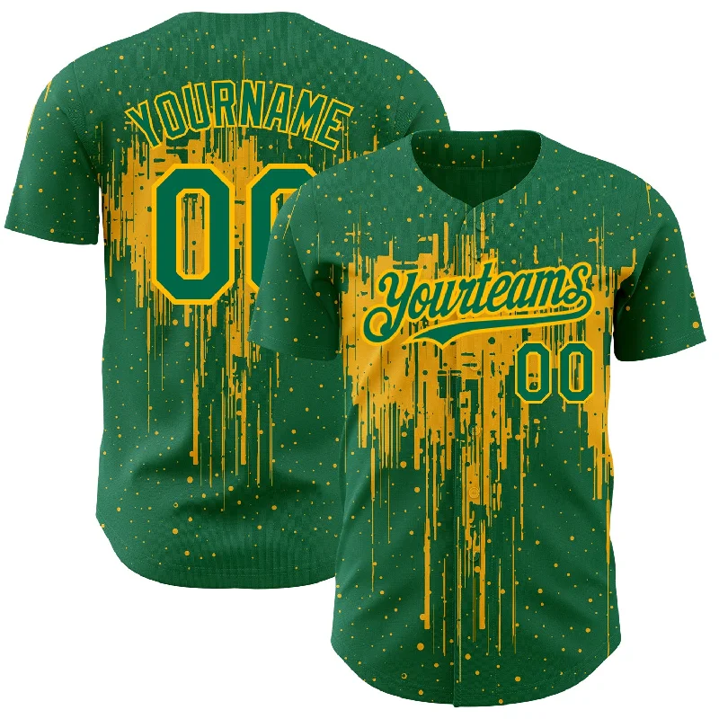 Baseball Jersey For Practice-Custom Kelly Green Gold 3D Pattern Design Dripping Splatter Art Authentic Baseball Jersey