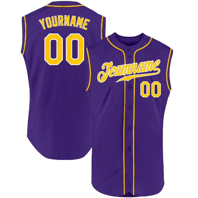 Baseball Jersey With Tapered Fit-Custom Purple Gold-White Authentic Sleeveless Baseball Jersey