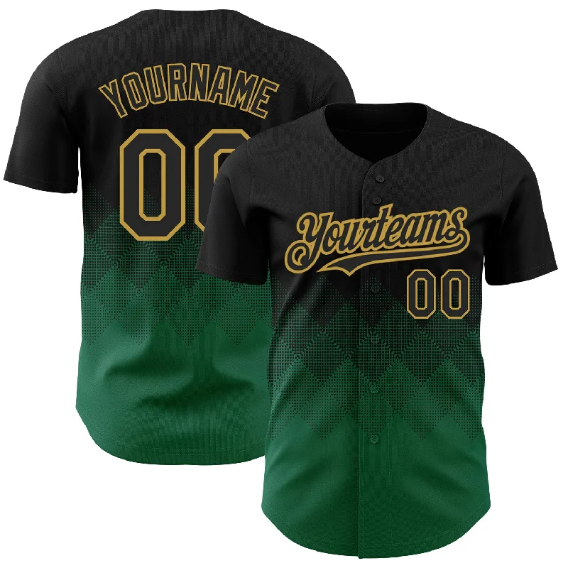 Unisex Baseball Jersey-Custom Black Kelly Green-Old Gold 3D Pattern Design Gradient Square Shapes Authentic Baseball Jersey