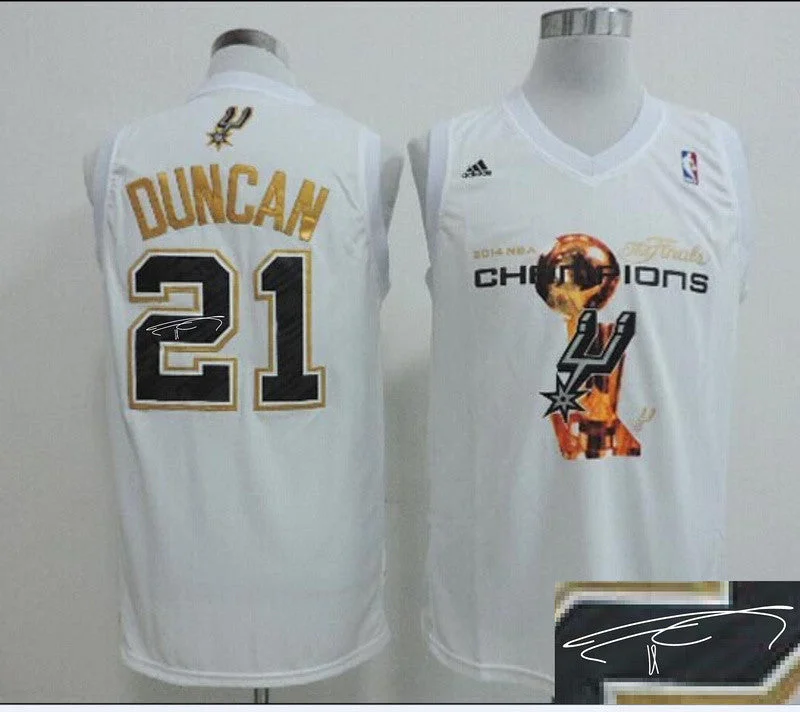 Personalized Basketball Jersey-Spurs 21 Duncan White 2014 Champions Signature Edition Basketball Jerseys