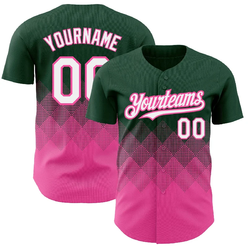 Baseball Jersey With Crop Top Style-Custom Green White-Pink 3D Pattern Design Gradient Square Shapes Authentic Baseball Jersey