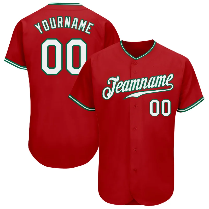 Baseball Jersey With Sponsor Logos-Custom Red White-Kelly Green Authentic Baseball Jersey