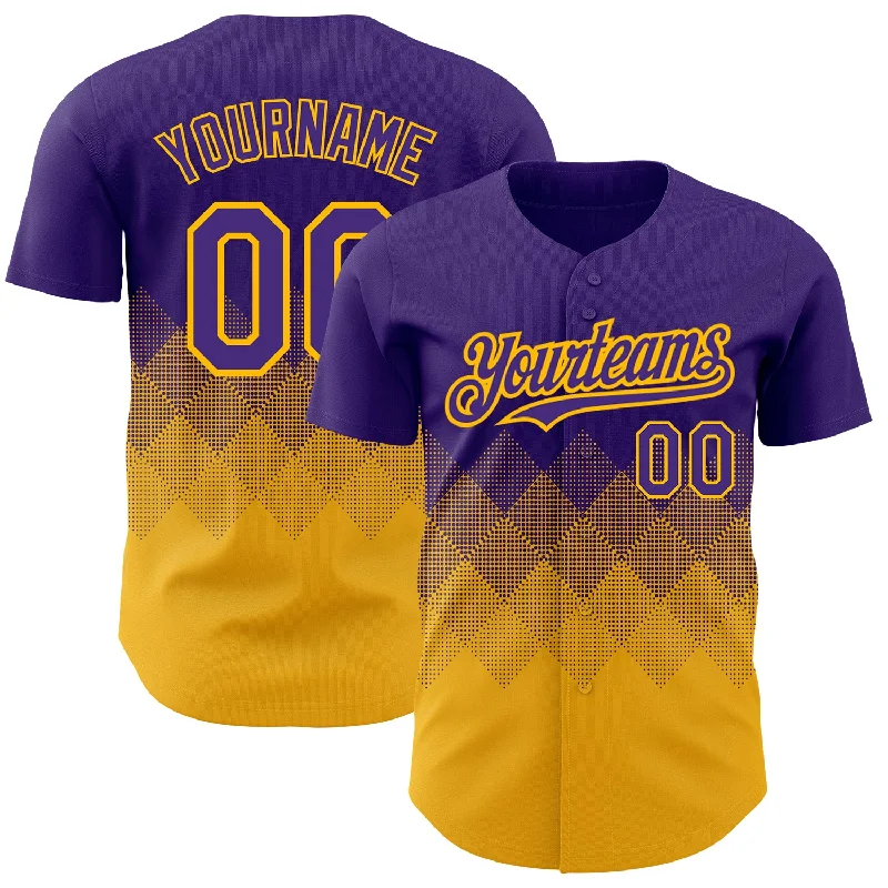 Baseball Jersey With Handmade Details-Custom Purple Gold 3D Pattern Design Gradient Square Shapes Authentic Baseball Jersey