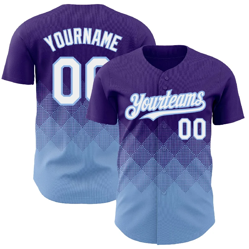 Baseball Jersey With Celebrity Collaboration-Custom Purple White-Light Blue 3D Pattern Design Gradient Square Shapes Authentic Baseball Jersey