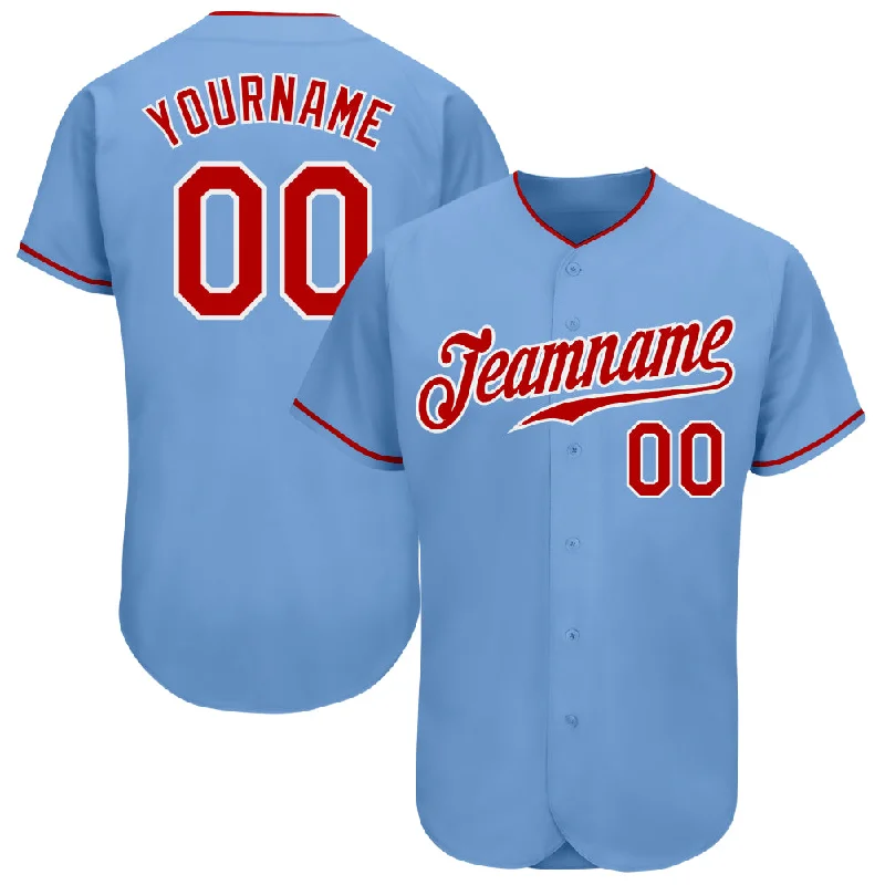 Baseball Jersey With Hand-Drawn Illustrations-Custom Light Blue Red-White Authentic Baseball Jersey