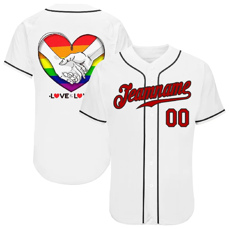 Mesh Baseball Jersey-Custom White Red-Black Rainbow Colored Heart For Pride Month Love Is Love LGBT Authentic Baseball Jersey