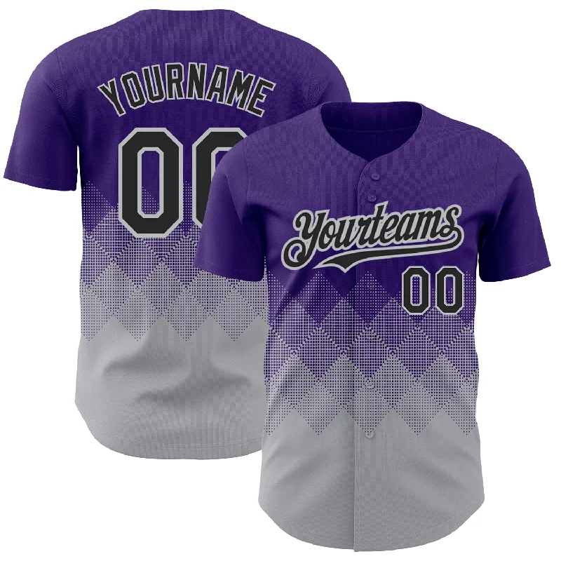 Baseball Jersey With Custom Patches-Custom Purple Black-Gray 3D Pattern Design Gradient Square Shapes Authentic Baseball Jersey