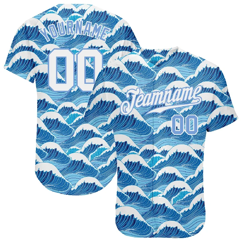 Baseball Jersey With Celebrity Signature-Custom Light Blue White-Light Blue 3D Pattern Design Waves Authentic Baseball Jersey