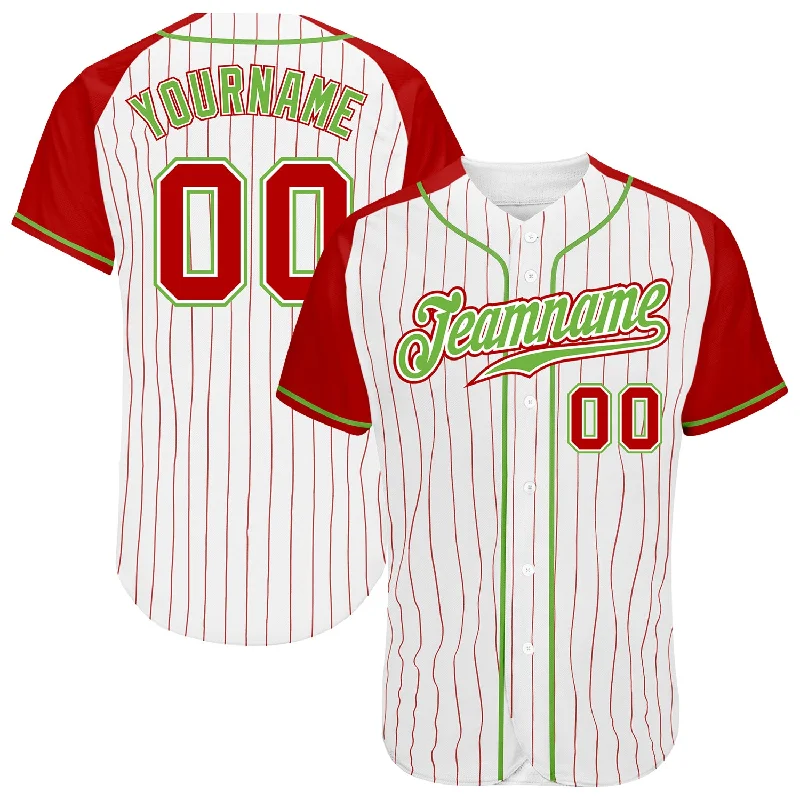 Lightweight Baseball Jersey-Custom White Red Pinstripe Red-Neon Green Authentic Raglan Sleeves Baseball Jersey