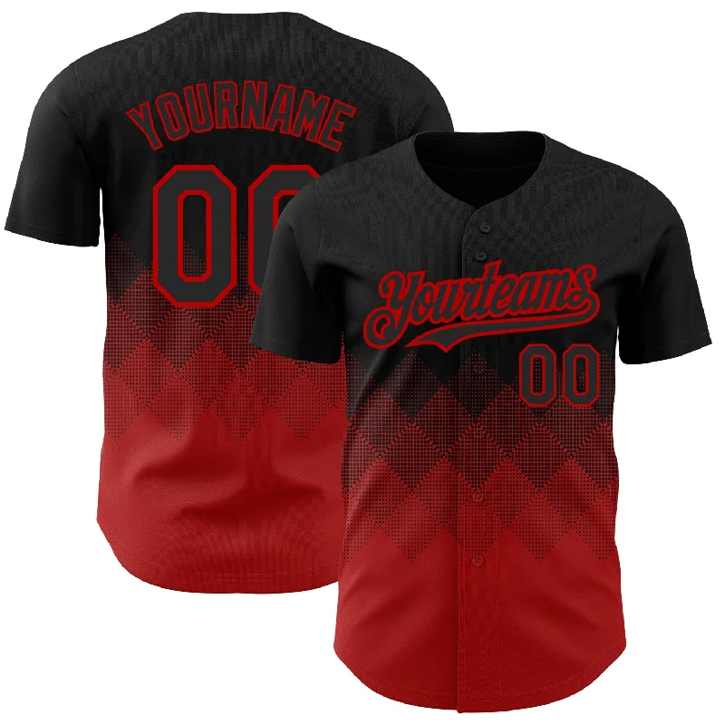 Button-Up Baseball Jersey-Custom Black Red 3D Pattern Design Gradient Square Shapes Authentic Baseball Jersey