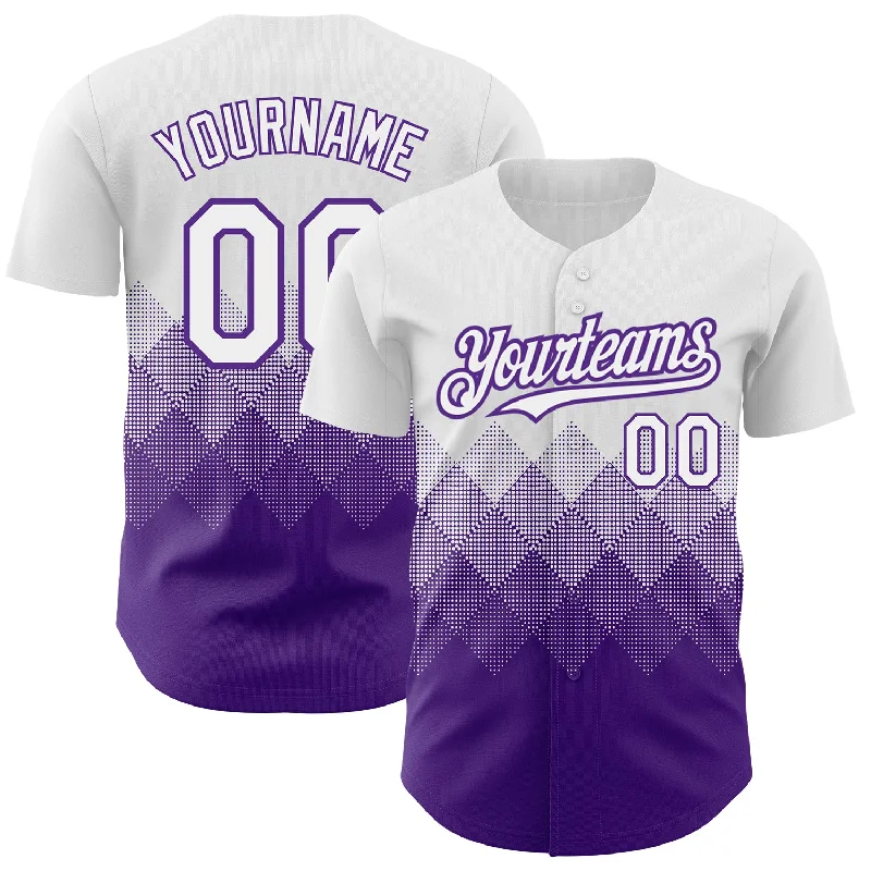 Custom Baseball Jersey-Custom White Purple 3D Pattern Design Gradient Square Shapes Authentic Baseball Jersey