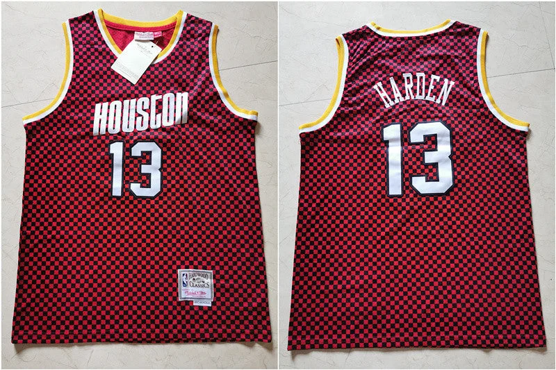 Basketball Jersey With Recycled Fabric-Rockets 13 James Harden Red Checkerboard Hardwood Classics Basketball Jersey