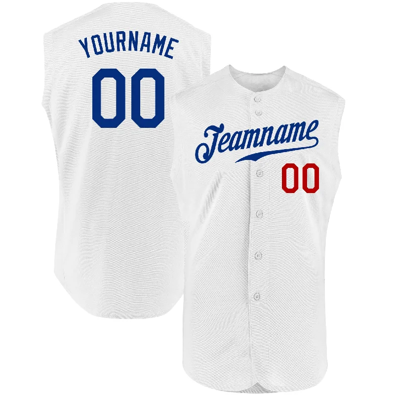 Baseball Jersey With Handmade Details-Custom White Royal-Red Authentic Sleeveless Baseball Jersey