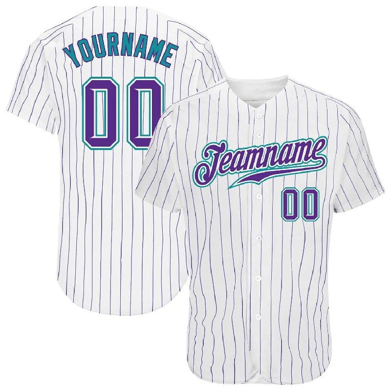 Baseball Jersey With Sponsor Logos-Custom White Purple Pinstripe Purple-Teal Authentic Baseball Jersey