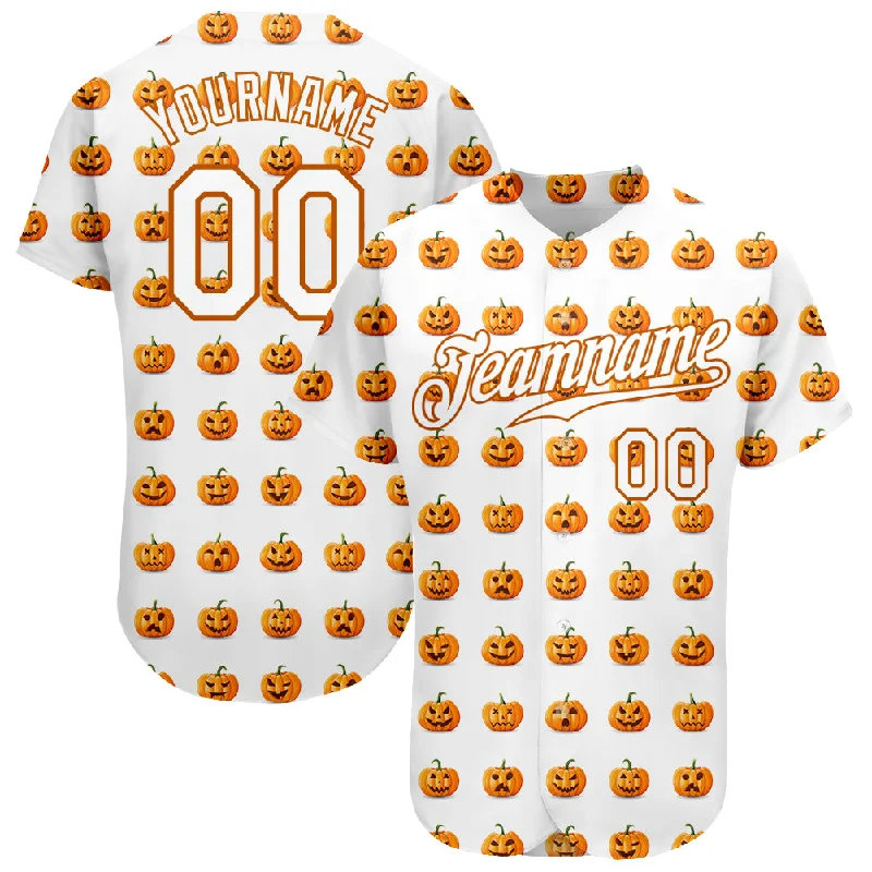 Baseball Jersey With Premium Fabric-Custom White White-Texas Orange 3D Pattern Design Halloween Pumpkins Funny Faces Authentic Baseball Jersey