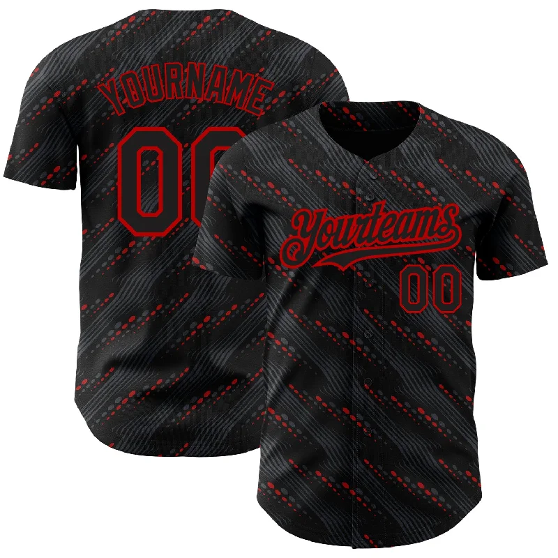 Baseball Jersey With Thumb Holes-Custom Black Red 3D Pattern Design Slant Lines Authentic Baseball Jersey