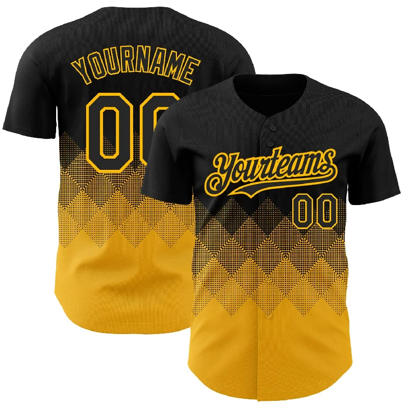 Short Sleeve Baseball Jersey-Custom Black Gold 3D Pattern Design Gradient Square Shapes Authentic Baseball Jersey