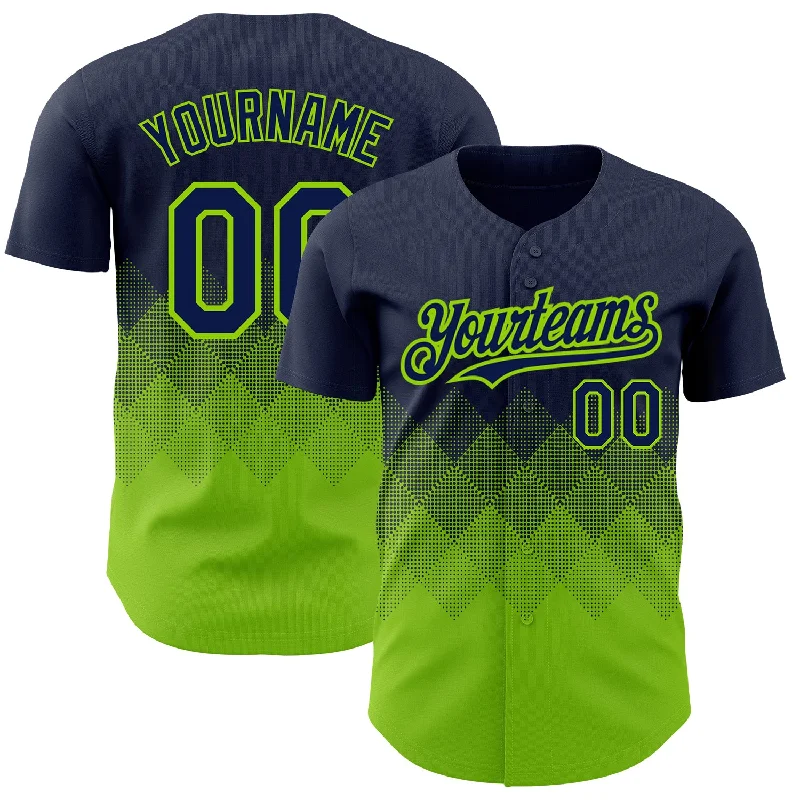 Baseball Jersey With Personalized Embroidery-Custom Navy Neon Green 3D Pattern Design Gradient Square Shapes Authentic Baseball Jersey