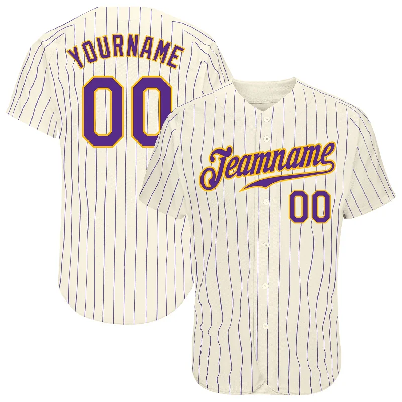 Baseball Jersey With Bold Graphics-Custom Cream Purple Pinstripe Purple-Gold Authentic Baseball Jersey