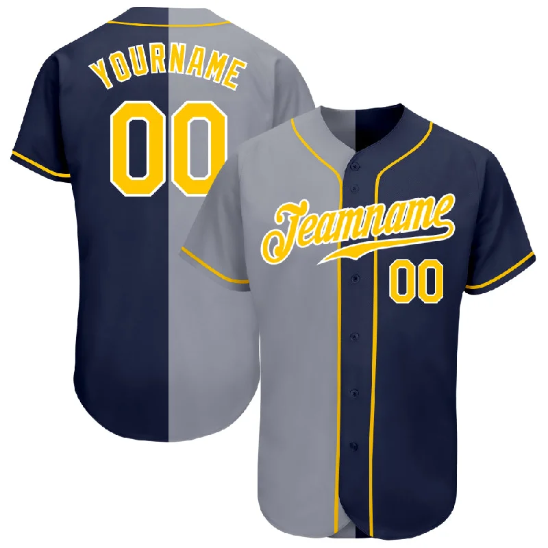 Baseball Jersey With Funny Slogans-Custom Navy Gold-Gray Authentic Split Fashion Baseball Jersey